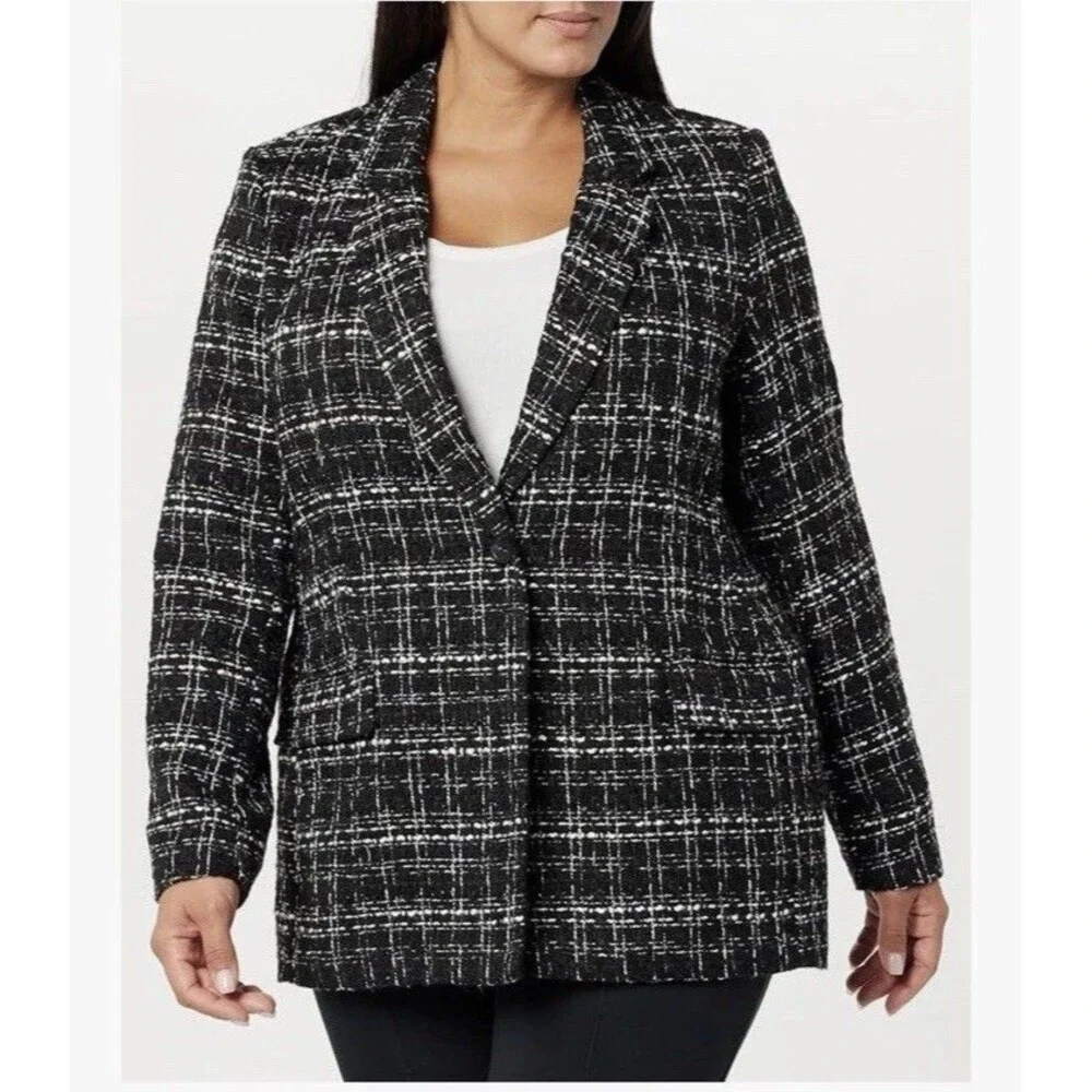 The Drop Blazer Womens Size XS Blake Long Plaid Single Breasted Black Boucle